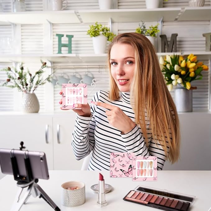 71 Pcs Empty Press on Nails Packaging Box 35 Pcs White Background Papers and 1 Double Sided Tape, Empty Nail Package Box Set for Press on Nail Business (Pink)…