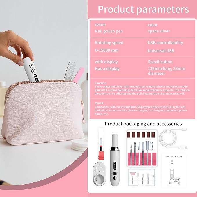 Nail Drill Kit,Nail File Cordless Nail Drill Machine for Gel Powder Nails,Professional Portable Manicure Pedicure Rechargeable Lightweight for Home Salon Use