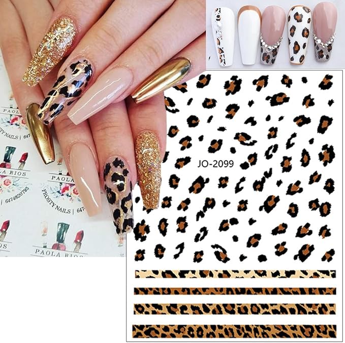 Leopard Nail Stickers for Nail Art,6Sheets Self-Adhesive Leopard French Nail Decals for Designer DIY Nail Art Supplies Pink Blue Brown Leopard Design 3D Nail Art Stickers for Women Girls Manicure Tips