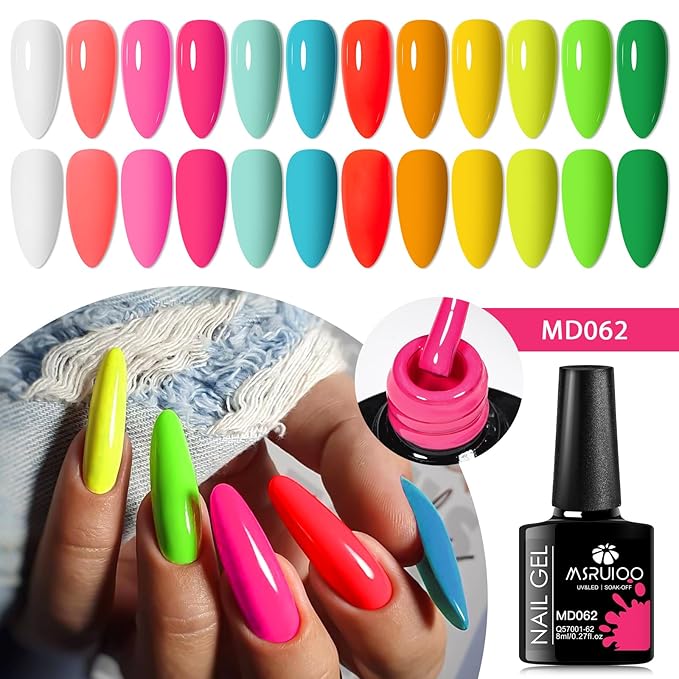 12Pcs Neon Gel Nail Polish Set Nude Gel Polish Set Pink Blue Rainbow Series Soak Off UV Nail Polish Manicure Kit