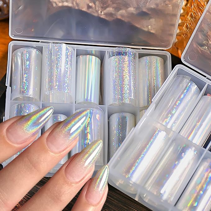 10 Rolls Aurora Nail Foil Transparent Laser Nail Transfer Foils Starry Sky Holographic Glitter Nail Art Foil Stickers for Women DIY Manicure Decoration Accessories