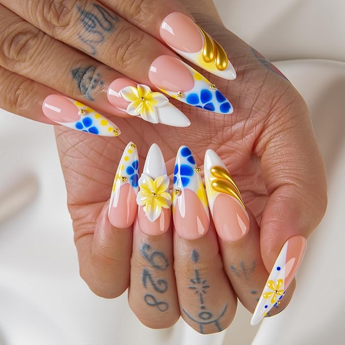 LOVFUL Short French Tip Press on Nails Morning Dew | Handmade Acrylic Press ons| Reusable Fake False Nails | Stiletto Classic Regular 1.3in | H696-S