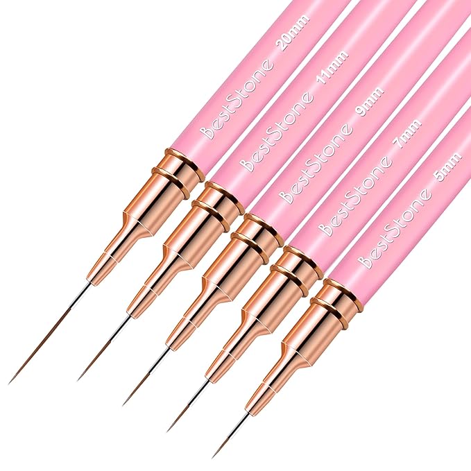 Nail Art Liner Brushes, 5Pcs Professional Gel Polish Painting Art Design Pen Set for Long Lines, Thin Details, Fine Drawing Sizes 5/7/9/11/20mm Nail Art Design Gift for Women(Pink)