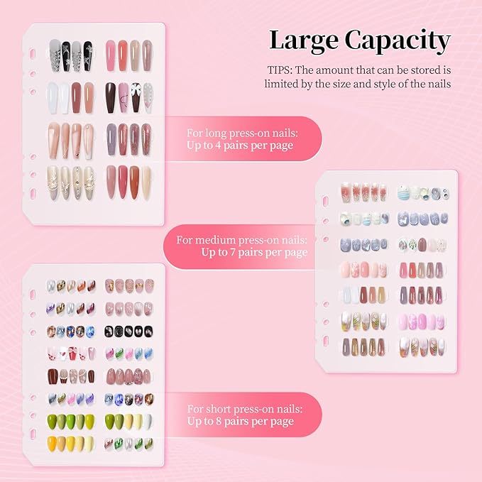 Press on Nail Organizer Binder Book, 8 A5-Sized Insert Pages & Double Sized Tape, Press on Nails Display Storage Book, Reusable Fake Nail Swatch Collecting Book (Pink)