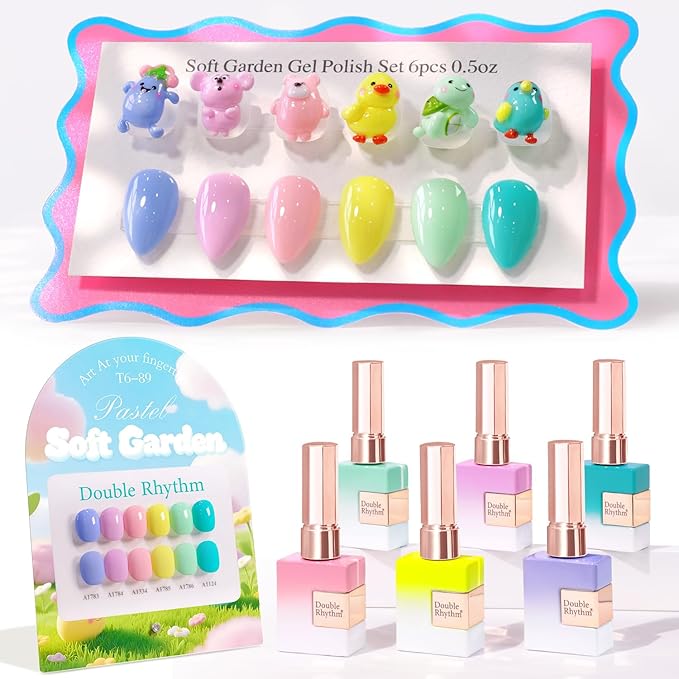 Double Rhythm 6 Pcs 15 ML Gel Polish Set Same Color Same Bottle Soak Off Gel Polish Kit Nail Art Manicure Salon DIY at Home for Women (Pastel Mint Green Yellow Pink Blue Teal-T6-89)