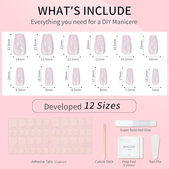 Cat Eyes Press On Nails,12 Sizes - 24 Pcs Soft Gel Purple Medium Coffin Fake Nails Kit with Nail Glue, Natural Reusable Stick On False Nails for Women and Girls (Skycloud Short Light Purple) SK0716