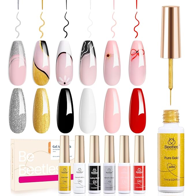 Beetles Gel Liner Nail Polish 6 Pcs White French Tip Liner Pink Black Red Glitters Gold Silver Painted Swirl Gel Polish Set Built in Thin Brush Soak off Uv Led Lamp Nail Art Gifts for Women
