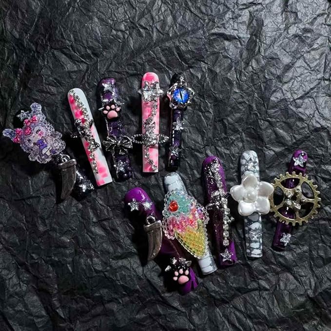 3D Nail Art Fake Nails Handmade Quality with Adhesive for Cute Kawaii Pink Princess Theme Easy to Apply Size L