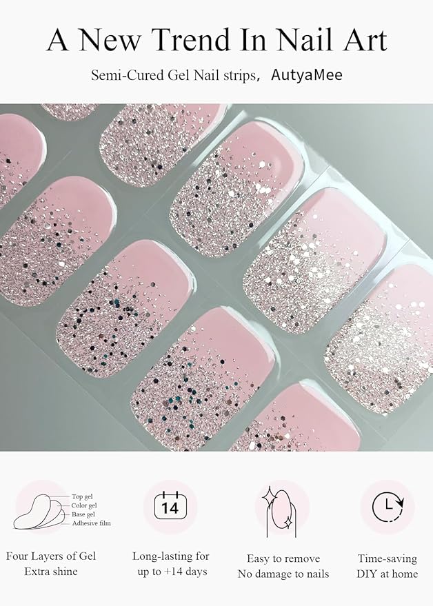 Semi Cured Gel Nail Strips (White Glitter Tip), 20 Pcs Pink Base Gel Nail Wraps, Stickers, Salon Quality, Long Lasting, Works with Any UV Lamps