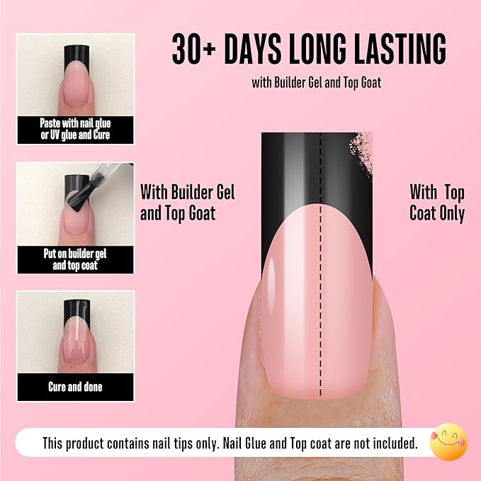 NOVO OVO Soft Gel Nail Tips Square Medium - Black French Tip on Baby Pink Base, 180Pcs Full Cover False Nails for Gel X Extension, Sharp Shape Pre-Designed Press on Nails for DIY Home Salon (15 Sizes)
