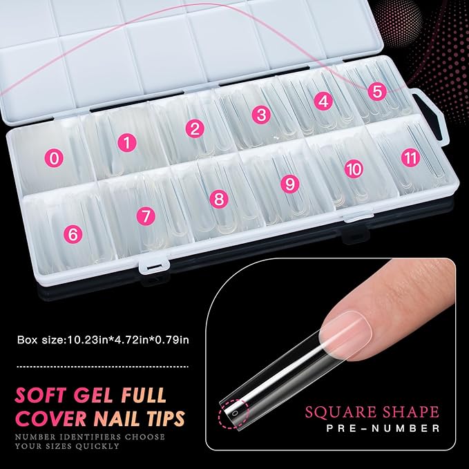 Ranrose Extra Long Nail Tips, 240PCS XXXL Long Square Acrylic Nails Full Cover Clear Long Straight Tapered Square Nail Tips 12 Sizes Pre-shaped Fake Nails for DIY Press On Nail Extensions for Women