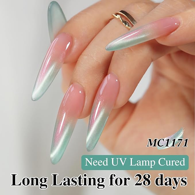 Double Rhythm 0.5 Oz Cat Eye Gel Polish with Magnet Same Color Same Bottle Holographic Glitter Shimmer Translucent Color Salon 15 ML Magnetic Nail Art (Mermaid Green-MC1171)