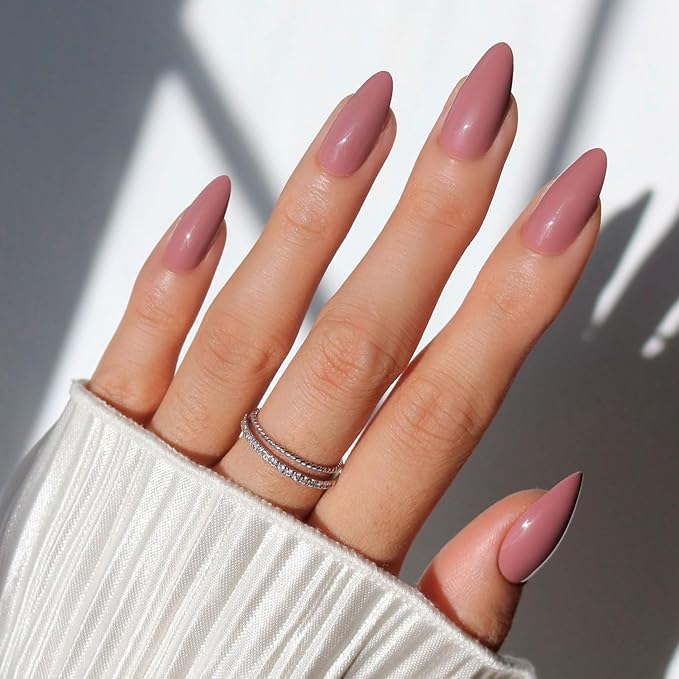 Glamnetic Press On Nails - Mauve Wife | Medium Almond Muted Purple Fake Nails, Salon Quality Nails | 15 Sizes - 30 Nail Kit with Glue