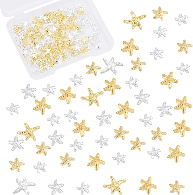 OLYCRAFT 180pcs Starfish Nail Charms Metal Cabochons Starfish Nail Art Decorations Brass Charms Gold Silver Nail Art Accessories Starfish Charms for Jewelry Making Nail Arts Decoration