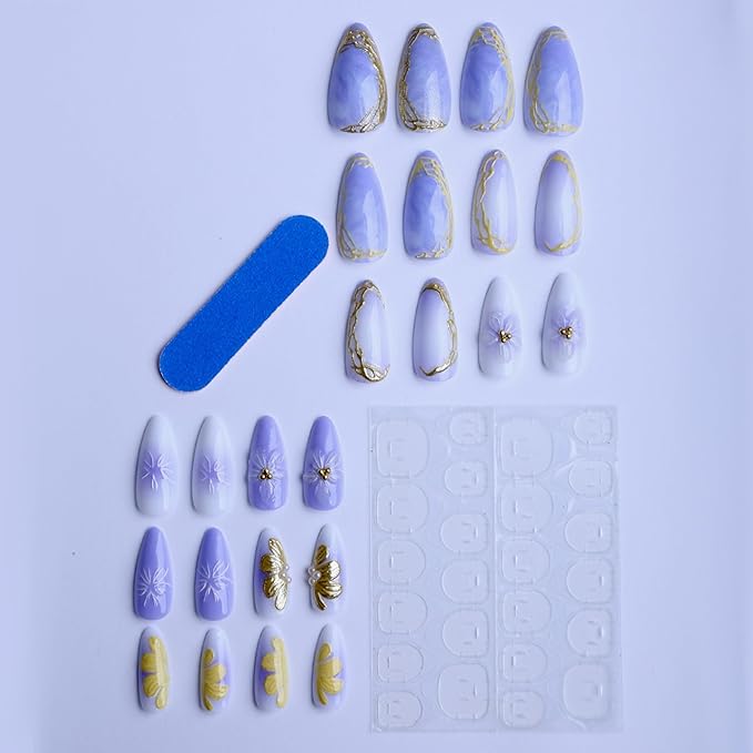 Press on Nails Almond Medium - Lavender Purple 3D Flower Fake Nails with Gold Designs, 24Pcs Glossy Glue on Nails for Women, 15-Min DIY Home Manicure Kit for Party & Events