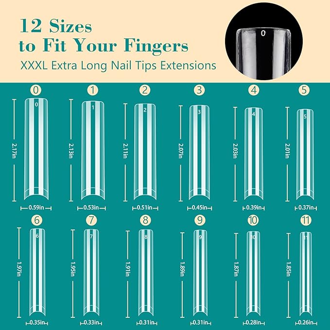 LIONVISON 504PCS NO C CURVE Clear Nail Tips for Acrylic Nails Professional, 3XL Extra Long Flat Tapered Square Nail Tips, 12 Sizes Half Cover Straight French Fake Nail Tips for Nail Salons (With Bag)