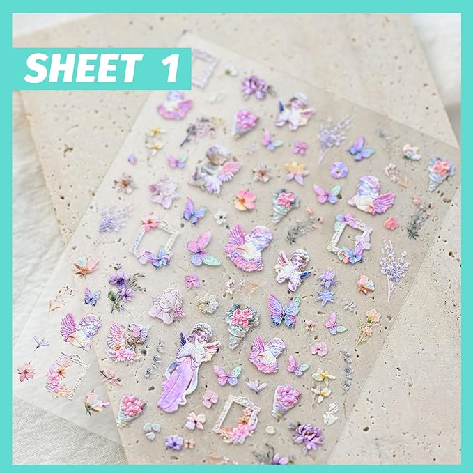 Angel Garden Nail Art Stickers, Rose Flower Nail Decals, Self-Adhesive,Summer Spring Nail Accessories for Women, Nail Decorations 3 Sheets