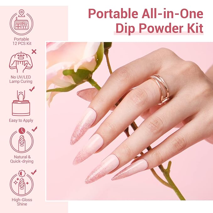 AZUREBEAUTY Dip Powder Nail Kit Starter, 4 Colors Pink Tones Dipping Powder Set, French Nail Art Base Top Coat Activator Liquid All Seasons Manicure DIY Salon