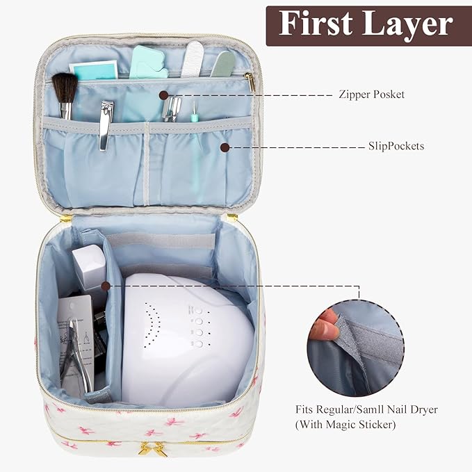 Nail Polish Organizer Aesthetic Nail Organizers and Storage, Bow Nail Supplies Kit Organizer Travel Carrying Case for Manicure Tools (Bow C, 2 Layer)