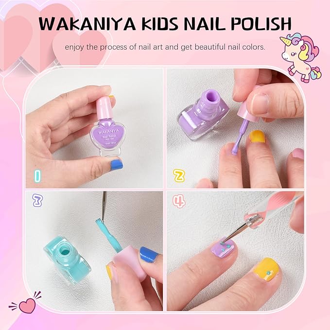 wakaniya Kids Nail Polish Set - Non Toxic, Quick Dry Peel Off Girls Nail Polish 12 Colors with Glitter Stickers and PVC Organizer Bag