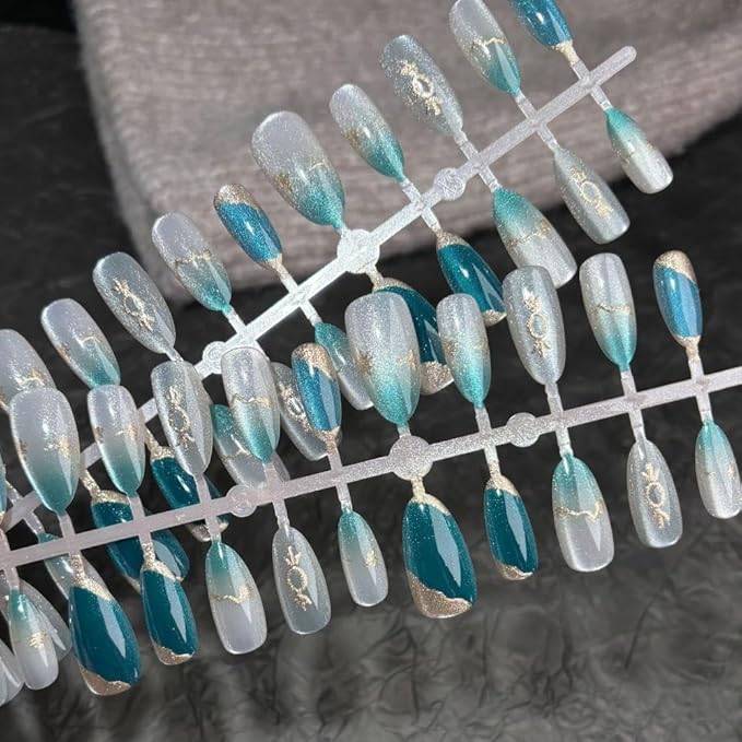 Medium Press on Nails Almond Glue on Nails with Cat Eyes Design Green Cat Eye Fake Nails 5D Gold Lines False Nail Glossy Ombre Green White Acrylic Stick on Nail for Women 24Pcs