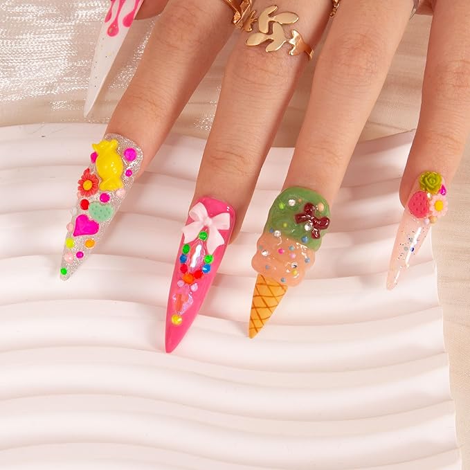 LOVFUL Press on Nails Dripping Sweetness | Handmade with Full Covered Crystals | Reusable Full Cover Nails | Stiletto Mid Length 1.7 in | H248-S