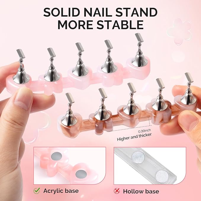 MelodySusie Nail Stand for Press Ons, Flower and Heart Shape Magnetic Base for Painting Display with Brush Holder and 100 Pcs Reusable Double-Sided Tape for Home DIY Salon Supplies, Pink and Coffee