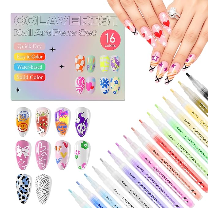 16 Colors Nail Art Pen Set, Nail Art Markers for DIY Nail Drawing, Dotting, and Striping, Manicure Design Tools for Salon and Home Use