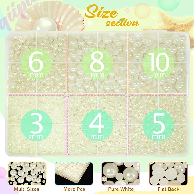 Beige White Flatback Pearls w B7000 Glue for Bedazzling Crafting 3/4/5/6/8/10mm Ivory Half Round Pearl Bedazzling Beads Gems Bedazzler Kit for Nails Face Eyes Makeup Tumblers Bottles DIY Crafts