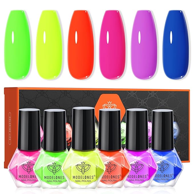 modelones Neon Nail Polish, 6 Colors Spring Summer Blue Green Purple Rose Orange Yellow Quick Dry Mini Starter Kit, Long Lasting Art DIY Manicure Set at Home for Women Girls