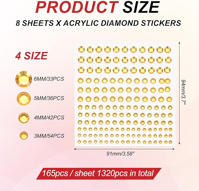 PATIKIL 1320 Pcs Acrylic Gem Sticker, 4 Size 3/4/5/6mm Self Adhesive Rhinestones Face Gem Stones Bling Jewelry for Nail Art Craft Clothes DIY Makeup Decoration Party, Gold Yellow