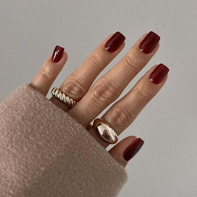 Burgundy Red Press on Nails Short Square, Natural Short Gel Nails Glue on Acrylic Nails Press ons, 48Pcs Thick Reusable Fake Nails for Women, Short Coffin Artificial Nails New Solid Color Square Nails