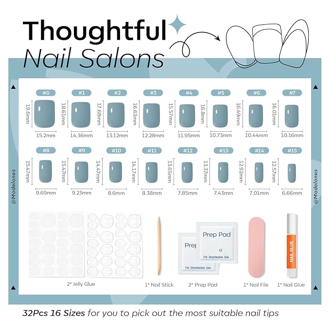 Modelones Steel Blue Press on Nails, Short Square Fake Nails, Reusable Nail Kit with Nail Glue Adhesive Tabs Mini Nail File, Nails Press Ons 32Pcs16 Sizes, Women Girl Gift