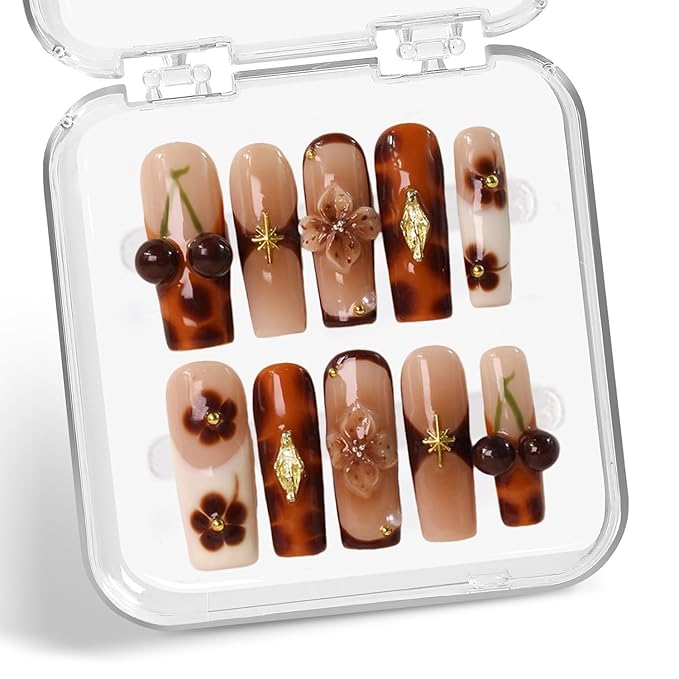 Cherry Press on Nails Thick Acrylic and Muti-Layer Gel Long Square Handmade Press on Nails 3D Flower Fake Nails wtih Design French Tip False Nails Full Cover Stick on Nail for Women Nails Decor (S)