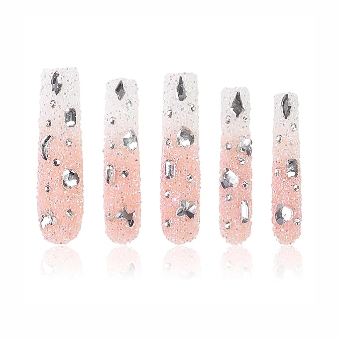 LOVFUL Press on Nails Berry Shake | Handmade with Full Covered Crystals | Reusable Fake Nails | Square | H56-S, pink