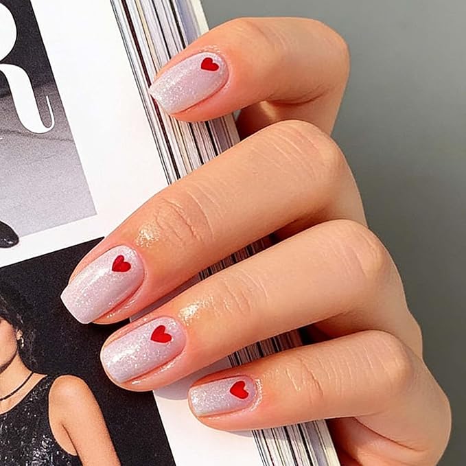 Semi Cured Gel Nail Strips - Red Heart with Shimmering Base, Valentine Glitter Nail Stickers, DIY Manicure Kit, Salon Quality Lasting Gel Polish Strips