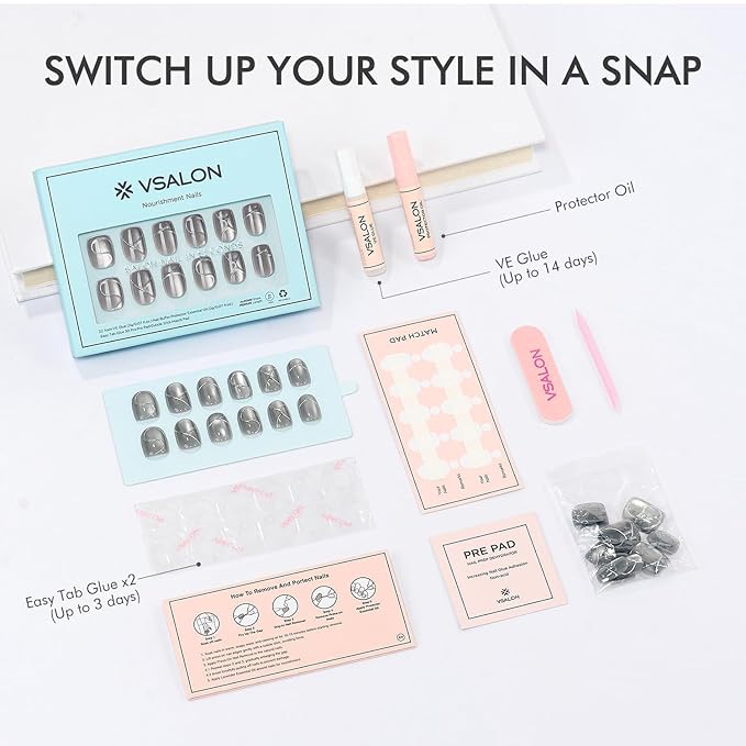 VSALON Press on Nails Short Square - Silver Gray Cat Eye Glossy Valentine 3D Art Design Glue on Nails, Reusable Opaque Gel Fake Nails Gifts for Women - 32 PCS in 16 Sizes with Glue & Cuticle Oil
