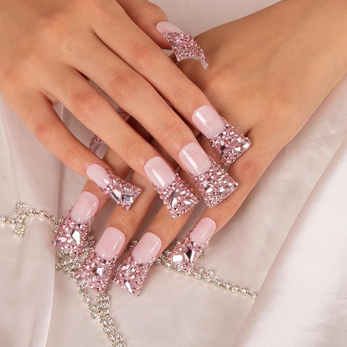 LOVFUL Press on Nails Pink French Tip Rhinestone | Handmade with Full Covered Crystals | Reusable Fake Nails | Duck Classic Regular 1.3 in | H27-L