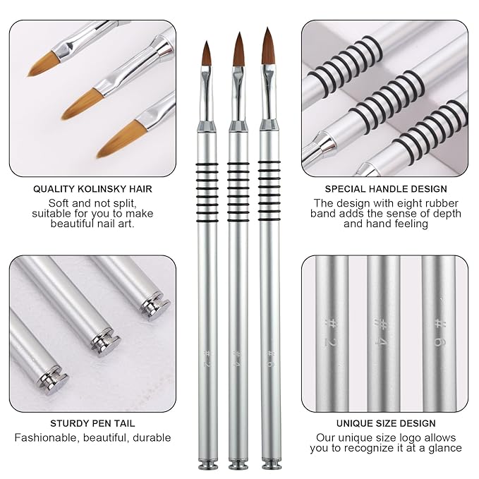 3 Pack 3d Nail Art Brush for Acrylic, Flower Brush for Acrylic Nails Kolinsky with Non-slip Handle (Size # 2/#4/#6)