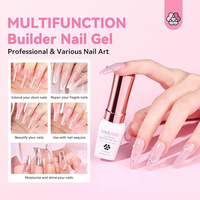 SAVILAND Gel Builder Set: 12 Translucent Colors Castor Oil Builder in a Bottle Vitamin E Hard Gel for Nails Extension Strengthener as Gifts for Women Home DIY Salon Nail Care Repair