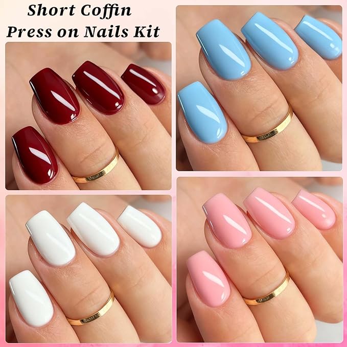 LoveOurHome 576pc Coffin Press on Nails Short Fake Nails Full Cover Colored Artificial Fingernails Ballerina False Acrylic Nail Tips 24 Glossy Colors Press on Nails for Women Girls