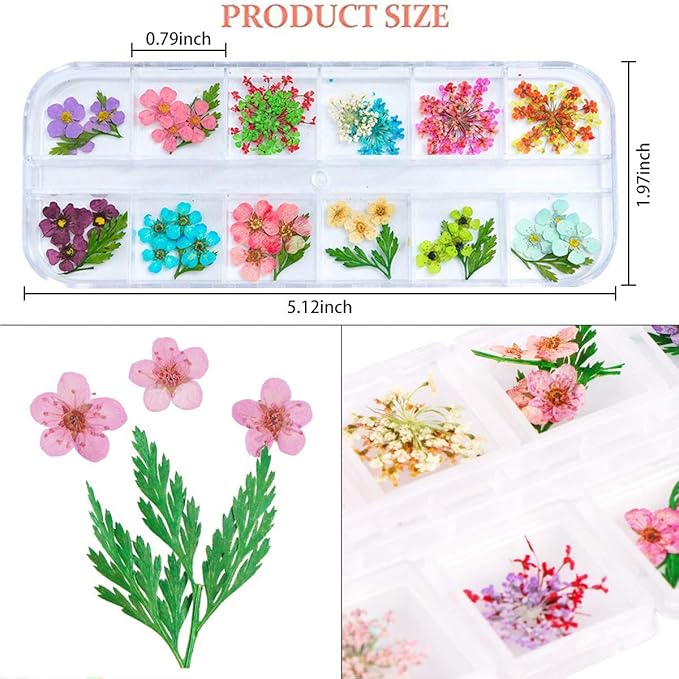 2 Boxes Nail Art Dried Flowers,UNIME 24 Colors Mini Real Natural Flowers Nail Art Supplies 3D Applique Nail Decoration Sticker for Tips Manicure Decor Accessories,Gypsophila