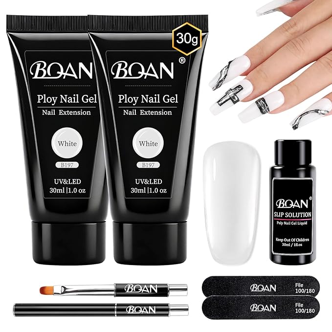 BQAN Poly Nail Gel, 2 Pcs White Poly Extension Gel (30ml) with Slip Solution & Brush, for Long-Lasting Nail Extensions | Builder | Salon-Quality DIY & Home Use (White)