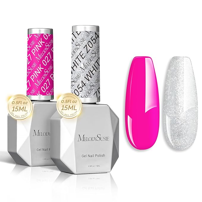 MelodySusie Thick Gel Nail Polish Set- 2 Pcs 15ML Hot Pink & White Glitter Gel Polish Set Soak Off UV LED Christmas Gift for Women Nail Art Manicure Salon DIY Nail Design Decoration at Home