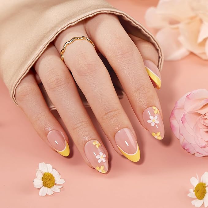 VSALON Press on Nails Short Almond - Lemon Yellow French Tip 3D Flower Design Fake Nails Kit, Reusable Valentines Gel Glue on Nails with Glue & Cuticle Oil - 32 PCS Stick on Nails in 16 Sizes