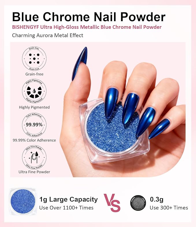 Gold Chrome Nail Powder - Sparkly Laser Holographic Nail Powder Metallic Mirror Effect Ice Blue Nail Chrome POwder, White Pearl Pigment Holo Iridescent Glitter Dust Kit, Nail Art Decoration