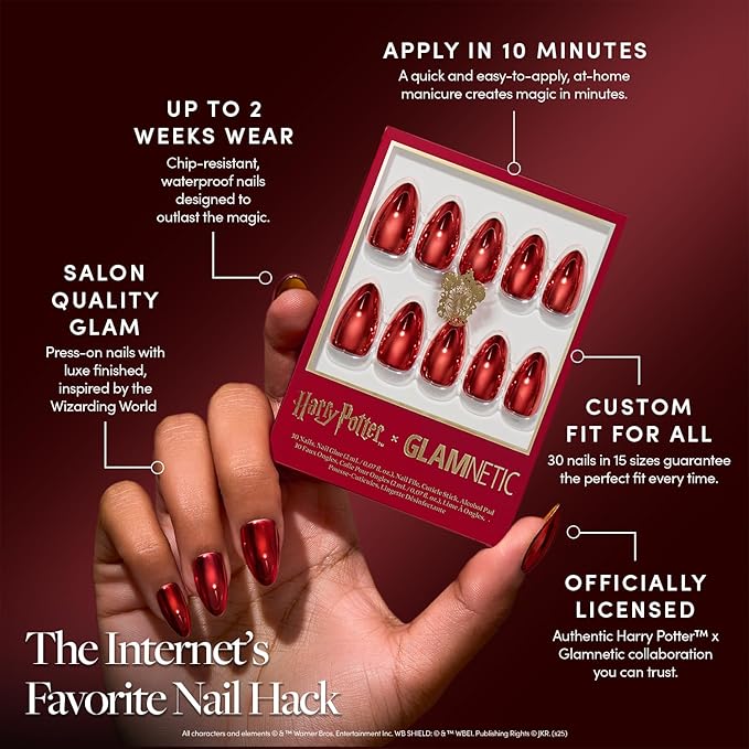 Glamnetic Press On Nails x Harry Potter™ - Godric Gryffindor™ | Short Almond Fake Nails with Red Metallic Chrome & Gradient Underside, Officially Licensed | 15 Sizes - 30 Nail Kit with Glue