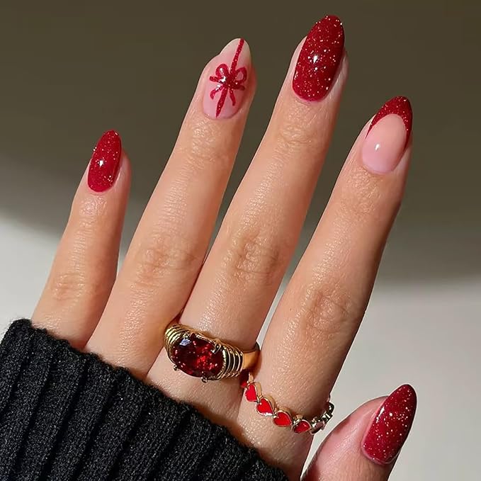 Christmas Press on Nails Medium Almond MABKJLF Fake Nails French Tip False Nails with Bow Glitter Designs Red Glossy Glue on Nail Full Cover Acrylic Nails for Women Girls 24Pcs