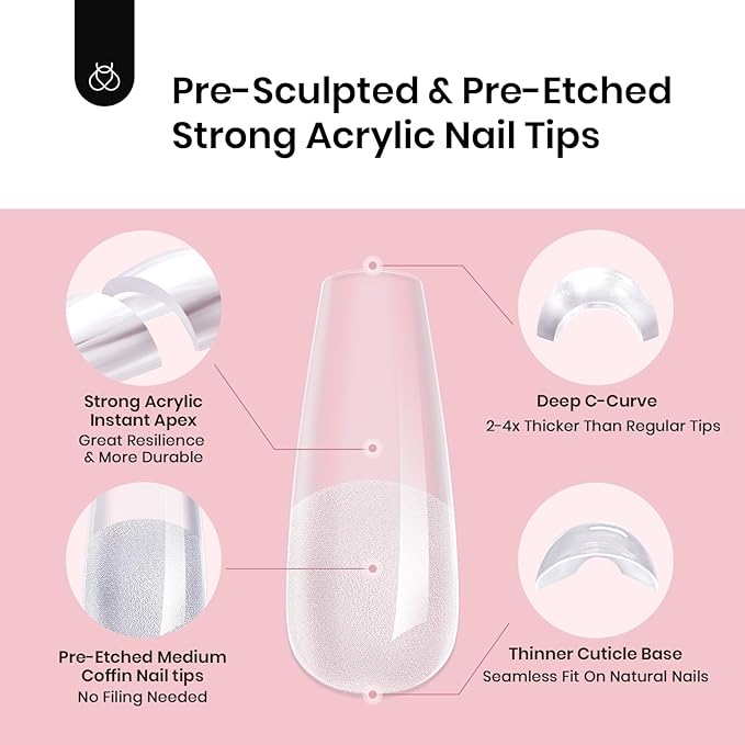 Beetles Tipex Instant Apex Nail Tips, Coffin Medium, 16 Sizes (00–14), 192pcs, Built-In Apex, No Builder Gel Required, Thicker Strong Acrylic Tips for DIY Nail Extensions