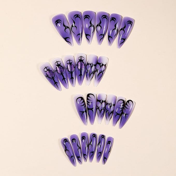 Halloween Press on Nails Long Stiletto Fake Nails Purple Artificial Nail Press ons with Black Charm Designs Designs Stick on Nail for Women 24pcs